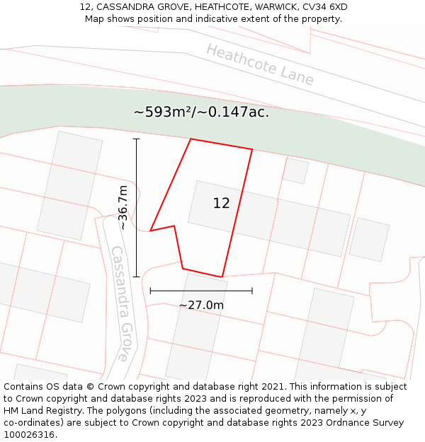 12, CASSANDRA GROVE, HEATHCOTE, WARWICK, CV34 6XD: Plot and title map