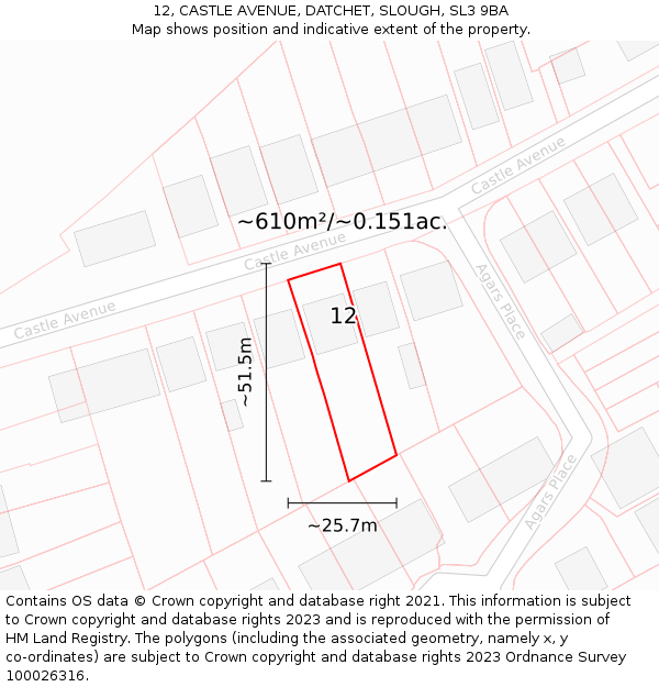 12, CASTLE AVENUE, DATCHET, SLOUGH, SL3 9BA: Plot and title map