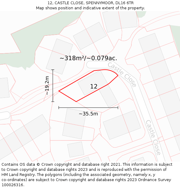 12, CASTLE CLOSE, SPENNYMOOR, DL16 6TR: Plot and title map