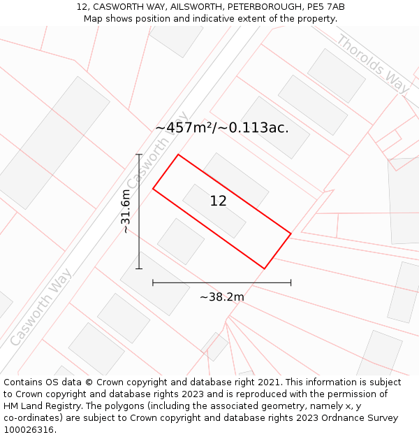 12, CASWORTH WAY, AILSWORTH, PETERBOROUGH, PE5 7AB: Plot and title map