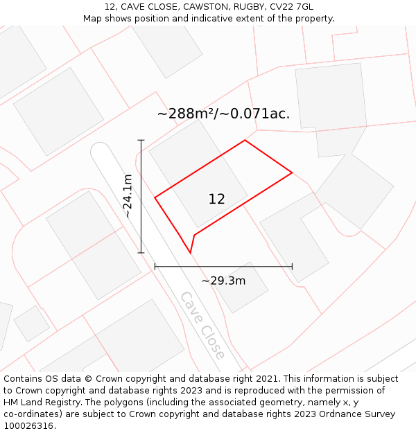 12, CAVE CLOSE, CAWSTON, RUGBY, CV22 7GL: Plot and title map