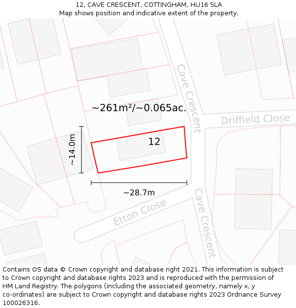 12, CAVE CRESCENT, COTTINGHAM, HU16 5LA: Plot and title map