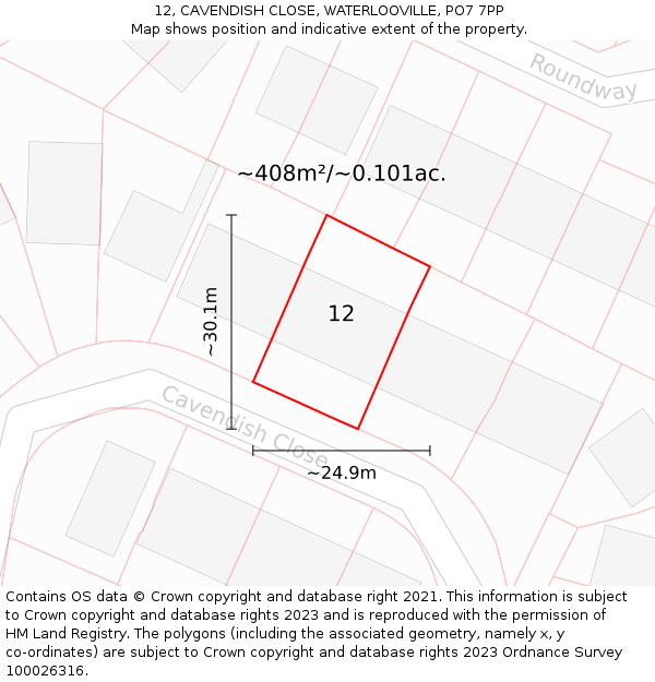 12, CAVENDISH CLOSE, WATERLOOVILLE, PO7 7PP: Plot and title map