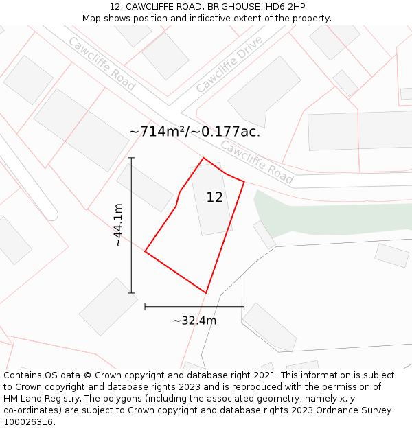 12, CAWCLIFFE ROAD, BRIGHOUSE, HD6 2HP: Plot and title map