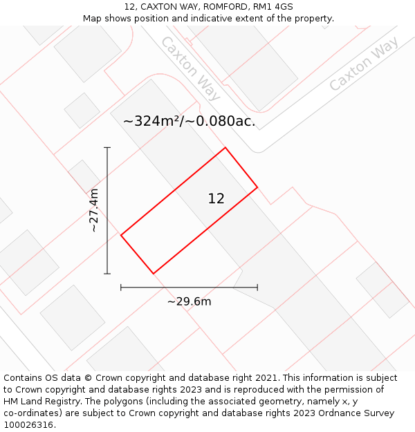 12, CAXTON WAY, ROMFORD, RM1 4GS: Plot and title map