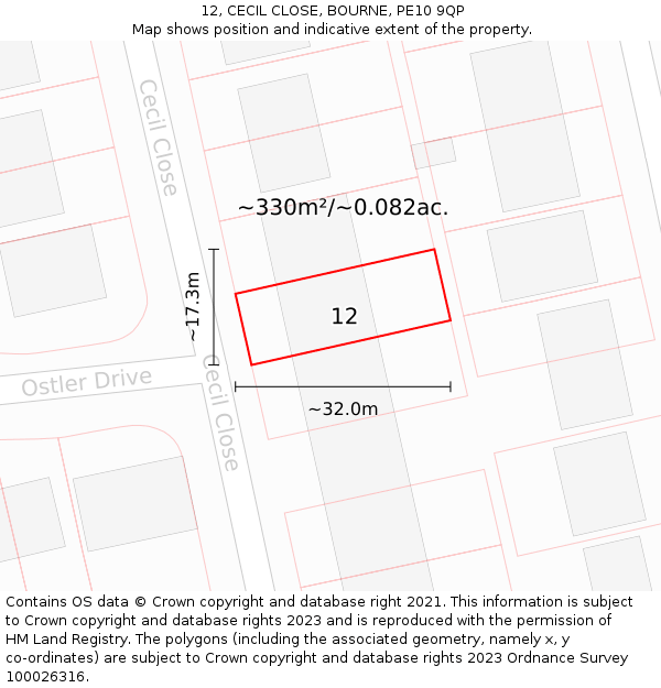 12, CECIL CLOSE, BOURNE, PE10 9QP: Plot and title map