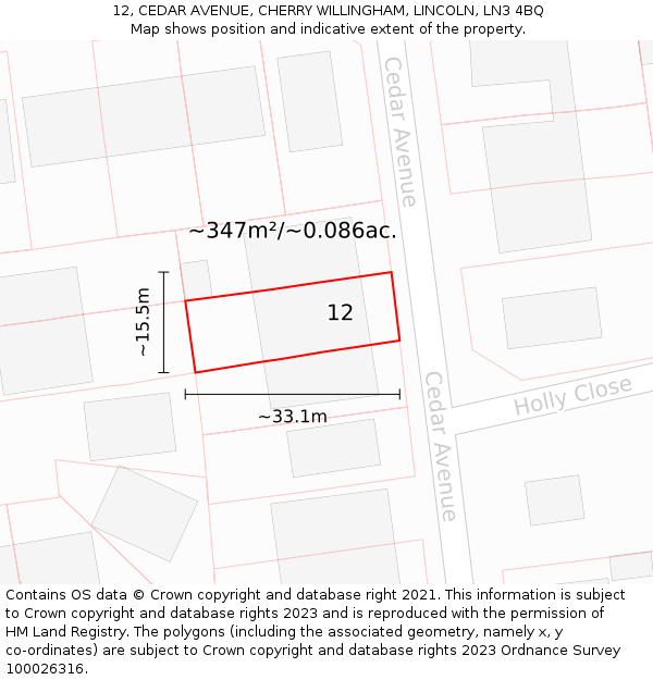 12, CEDAR AVENUE, CHERRY WILLINGHAM, LINCOLN, LN3 4BQ: Plot and title map