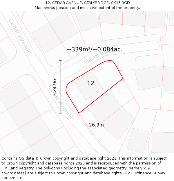 12, CEDAR AVENUE, STALYBRIDGE, SK15 3GD: Plot and title map