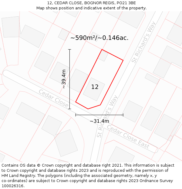 12, CEDAR CLOSE, BOGNOR REGIS, PO21 3BE: Plot and title map