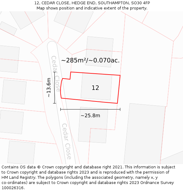 12, CEDAR CLOSE, HEDGE END, SOUTHAMPTON, SO30 4FP: Plot and title map