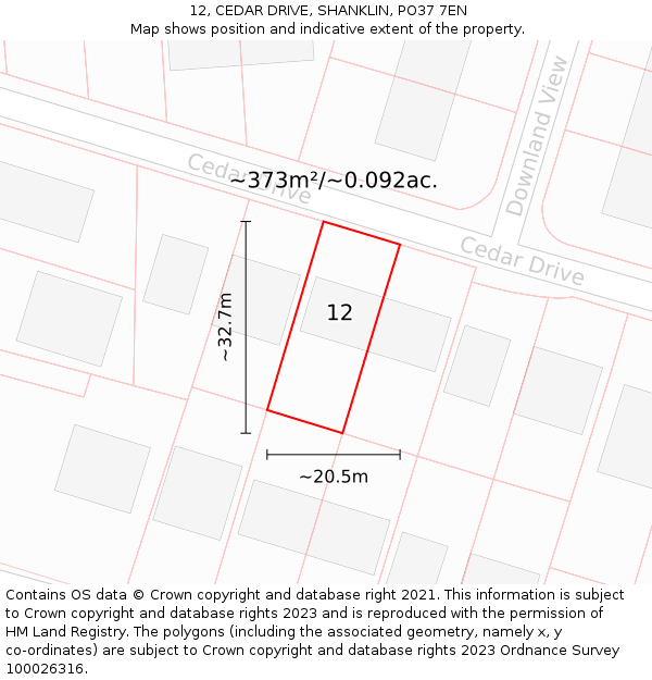 12, CEDAR DRIVE, SHANKLIN, PO37 7EN: Plot and title map