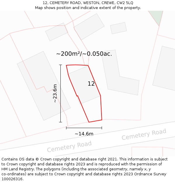 12, CEMETERY ROAD, WESTON, CREWE, CW2 5LQ: Plot and title map