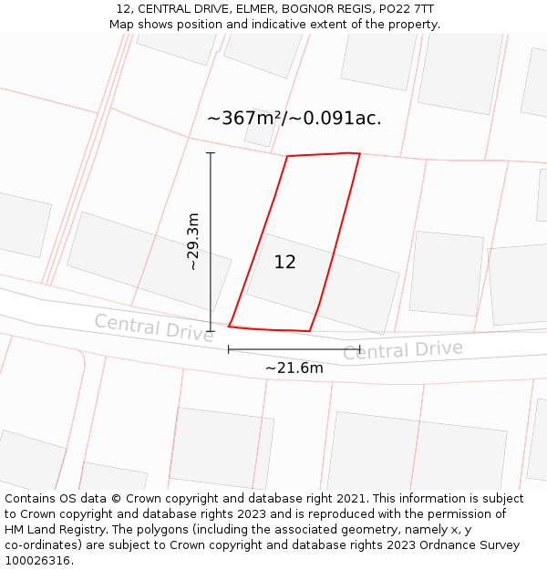 12, CENTRAL DRIVE, ELMER, BOGNOR REGIS, PO22 7TT: Plot and title map