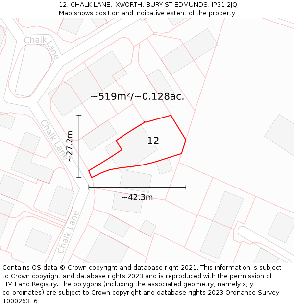 12, CHALK LANE, IXWORTH, BURY ST EDMUNDS, IP31 2JQ: Plot and title map