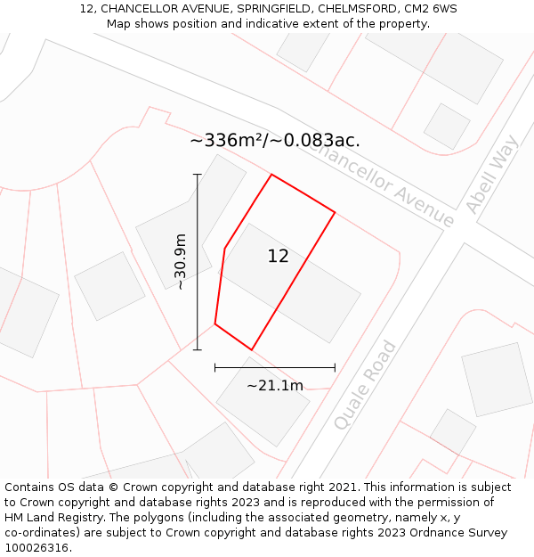 12, CHANCELLOR AVENUE, SPRINGFIELD, CHELMSFORD, CM2 6WS: Plot and title map