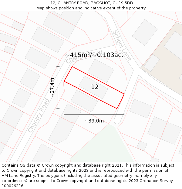 12, CHANTRY ROAD, BAGSHOT, GU19 5DB: Plot and title map