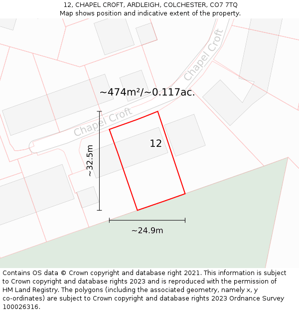 12, CHAPEL CROFT, ARDLEIGH, COLCHESTER, CO7 7TQ: Plot and title map