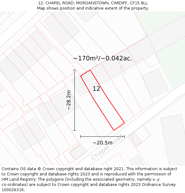 12, CHAPEL ROAD, MORGANSTOWN, CARDIFF, CF15 8LL: Plot and title map