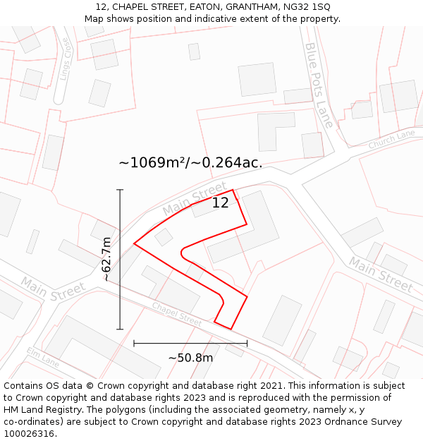 12, CHAPEL STREET, EATON, GRANTHAM, NG32 1SQ: Plot and title map