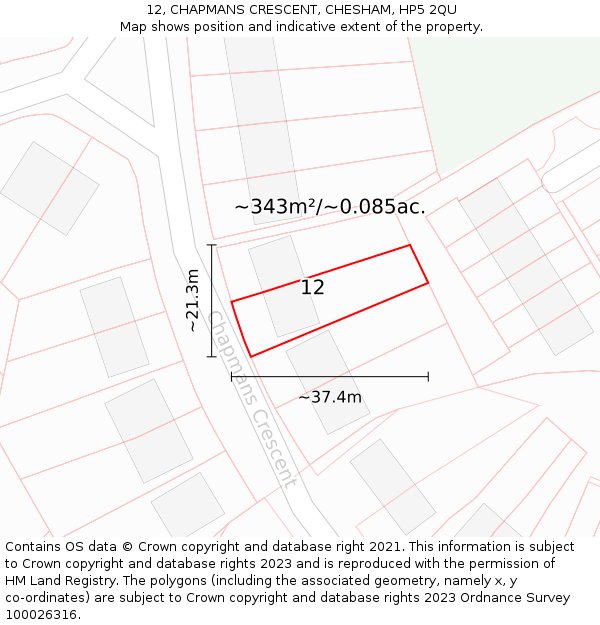 12, CHAPMANS CRESCENT, CHESHAM, HP5 2QU: Plot and title map