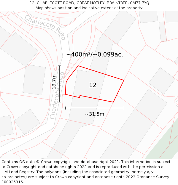 12, CHARLECOTE ROAD, GREAT NOTLEY, BRAINTREE, CM77 7YQ: Plot and title map