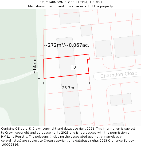 12, CHARNDON CLOSE, LUTON, LU3 4DU: Plot and title map