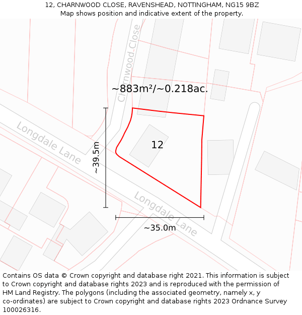 12, CHARNWOOD CLOSE, RAVENSHEAD, NOTTINGHAM, NG15 9BZ: Plot and title map