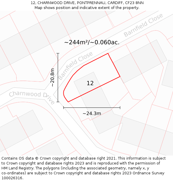 12, CHARNWOOD DRIVE, PONTPRENNAU, CARDIFF, CF23 8NN: Plot and title map