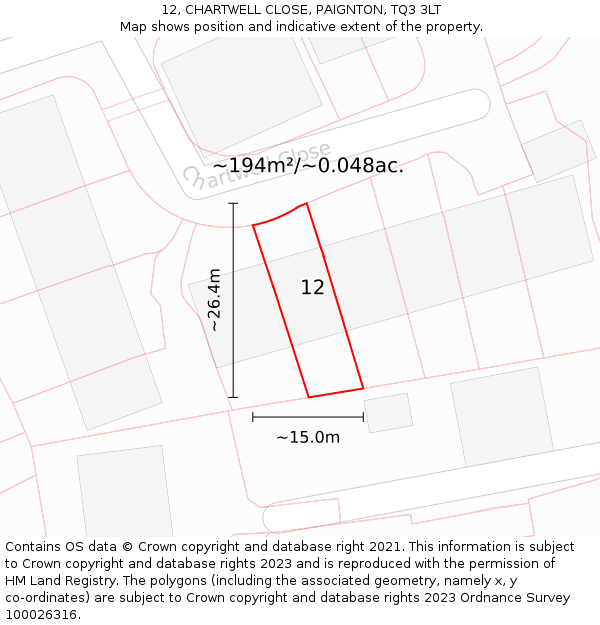 12, CHARTWELL CLOSE, PAIGNTON, TQ3 3LT: Plot and title map