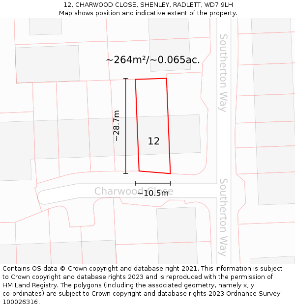 12, CHARWOOD CLOSE, SHENLEY, RADLETT, WD7 9LH: Plot and title map