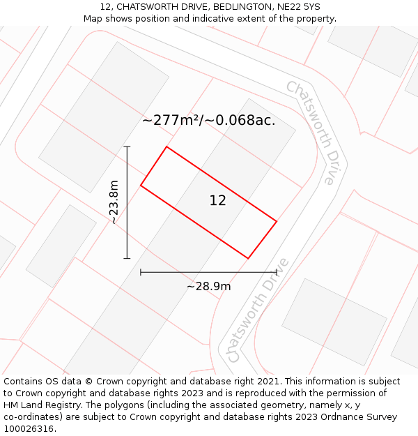 12, CHATSWORTH DRIVE, BEDLINGTON, NE22 5YS: Plot and title map