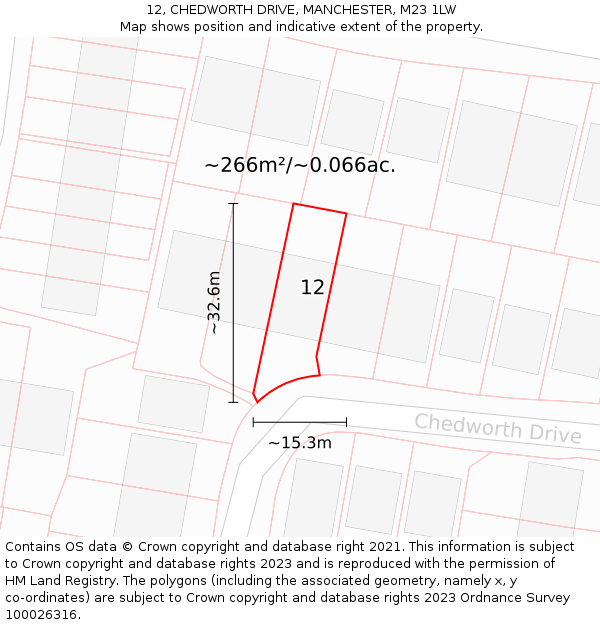 12, CHEDWORTH DRIVE, MANCHESTER, M23 1LW: Plot and title map