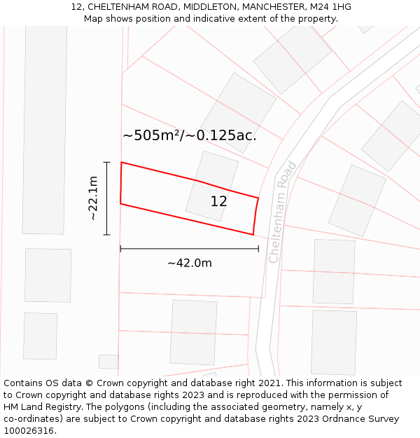 12, CHELTENHAM ROAD, MIDDLETON, MANCHESTER, M24 1HG: Plot and title map