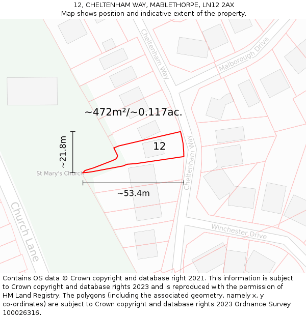 12, CHELTENHAM WAY, MABLETHORPE, LN12 2AX: Plot and title map