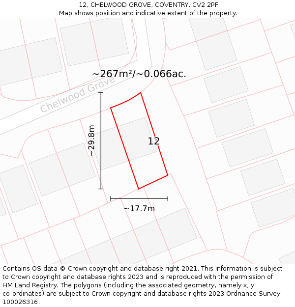 12, CHELWOOD GROVE, COVENTRY, CV2 2PF: Plot and title map