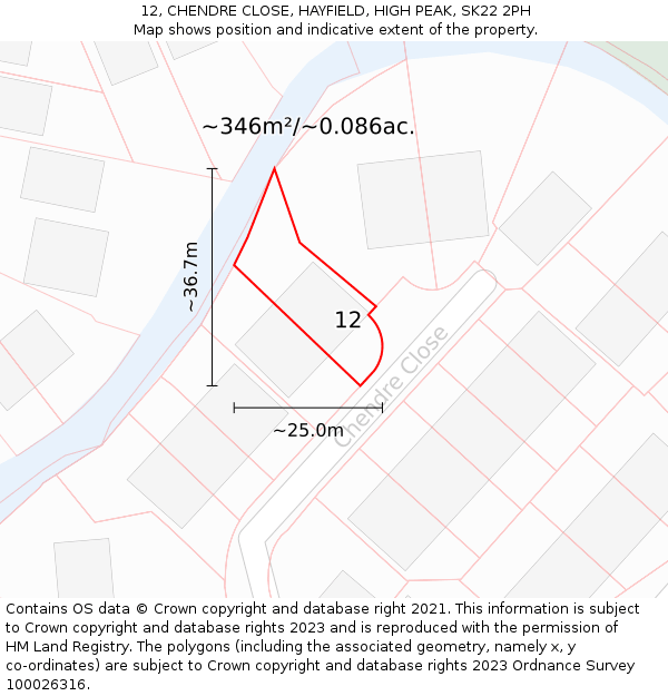 12, CHENDRE CLOSE, HAYFIELD, HIGH PEAK, SK22 2PH: Plot and title map