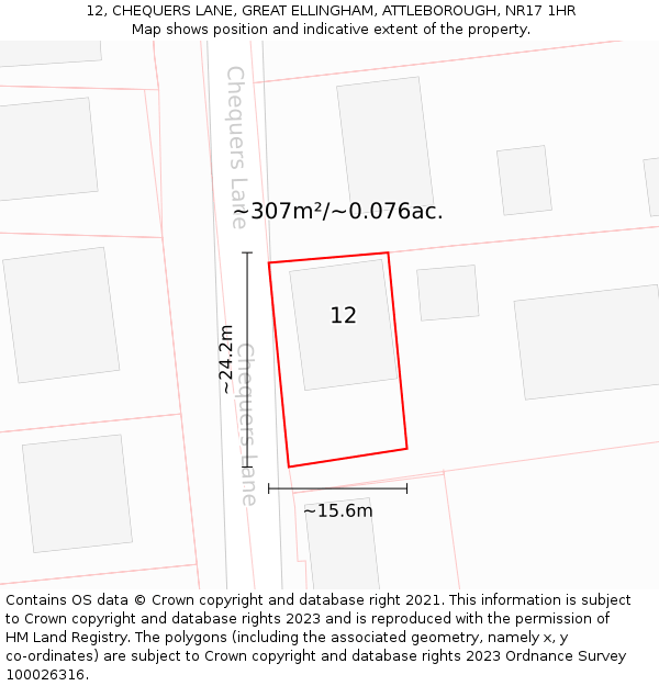 12, CHEQUERS LANE, GREAT ELLINGHAM, ATTLEBOROUGH, NR17 1HR: Plot and title map