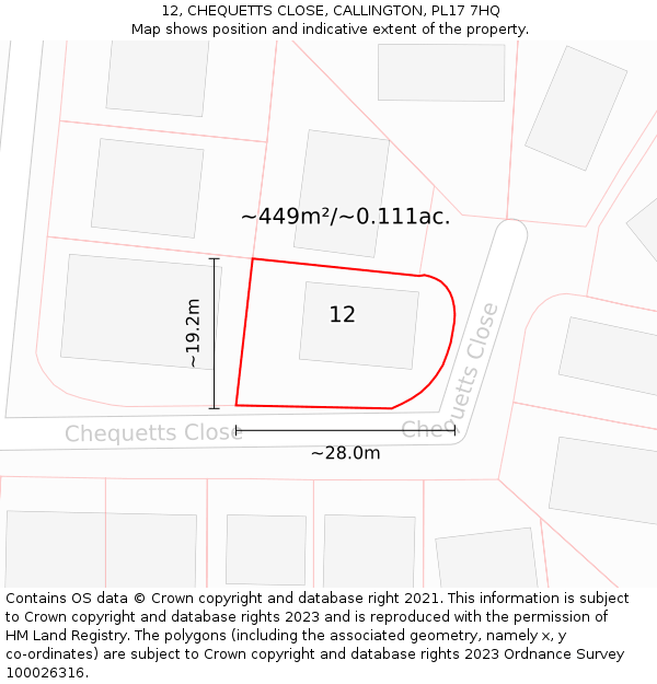 12, CHEQUETTS CLOSE, CALLINGTON, PL17 7HQ: Plot and title map