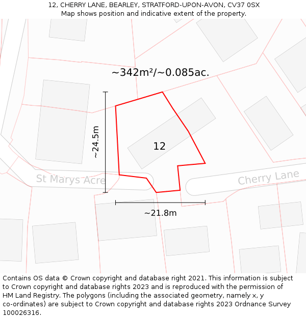 12, CHERRY LANE, BEARLEY, STRATFORD-UPON-AVON, CV37 0SX: Plot and title map