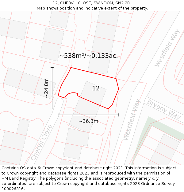 12, CHERVIL CLOSE, SWINDON, SN2 2RL: Plot and title map