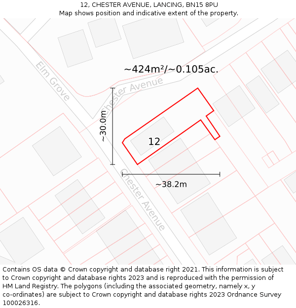 12, CHESTER AVENUE, LANCING, BN15 8PU: Plot and title map