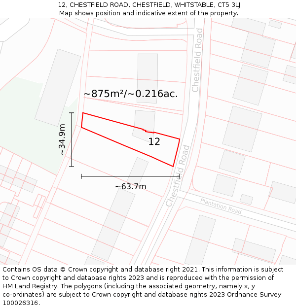 12, CHESTFIELD ROAD, CHESTFIELD, WHITSTABLE, CT5 3LJ: Plot and title map