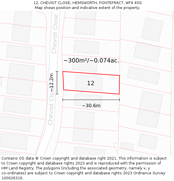 12, CHEVIOT CLOSE, HEMSWORTH, PONTEFRACT, WF9 4SS: Plot and title map