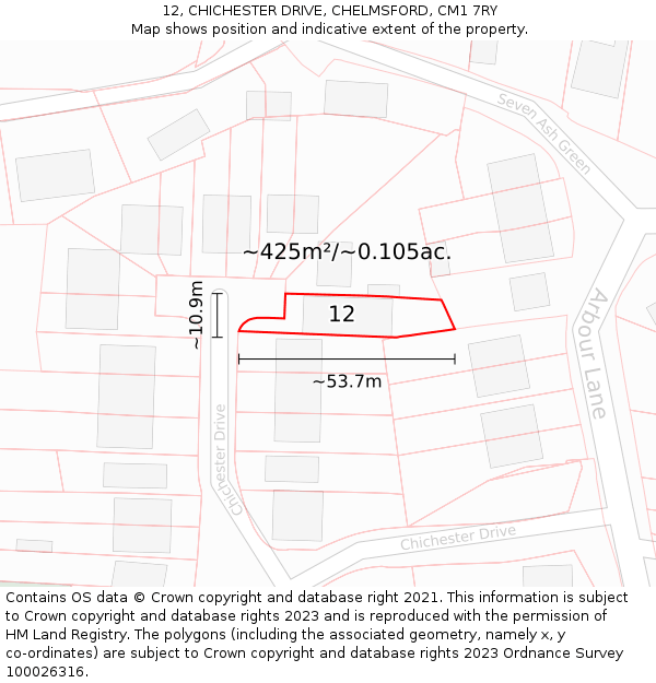 12, CHICHESTER DRIVE, CHELMSFORD, CM1 7RY: Plot and title map