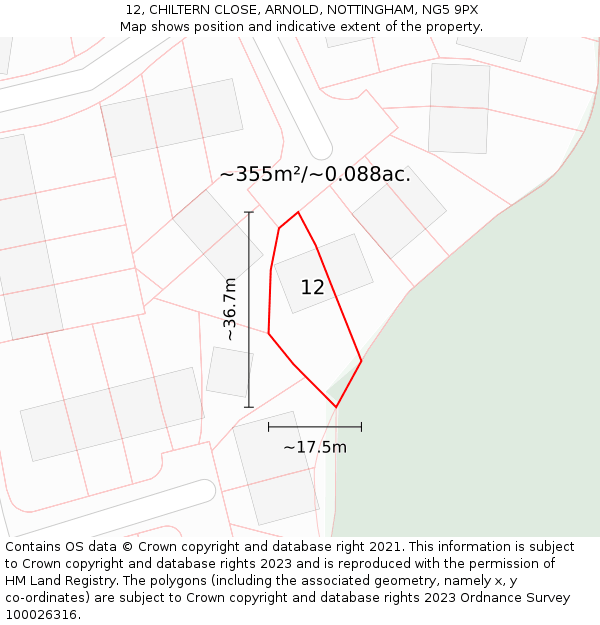 12, CHILTERN CLOSE, ARNOLD, NOTTINGHAM, NG5 9PX: Plot and title map