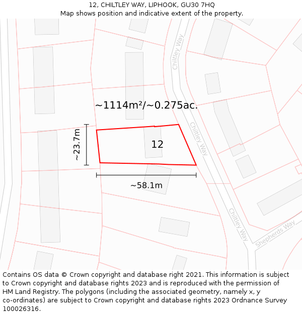 12, CHILTLEY WAY, LIPHOOK, GU30 7HQ: Plot and title map