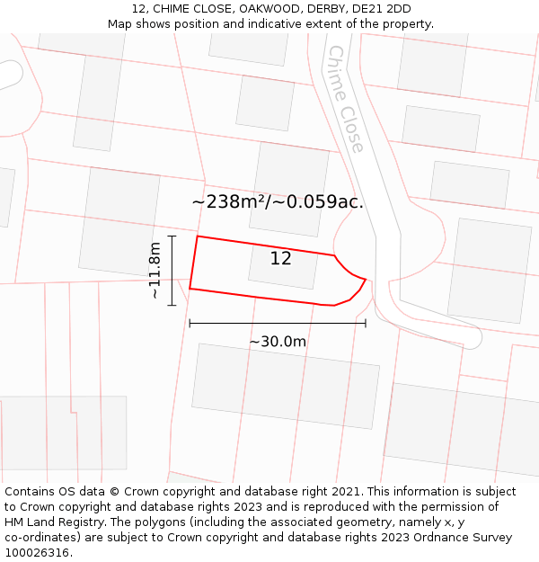 12, CHIME CLOSE, OAKWOOD, DERBY, DE21 2DD: Plot and title map