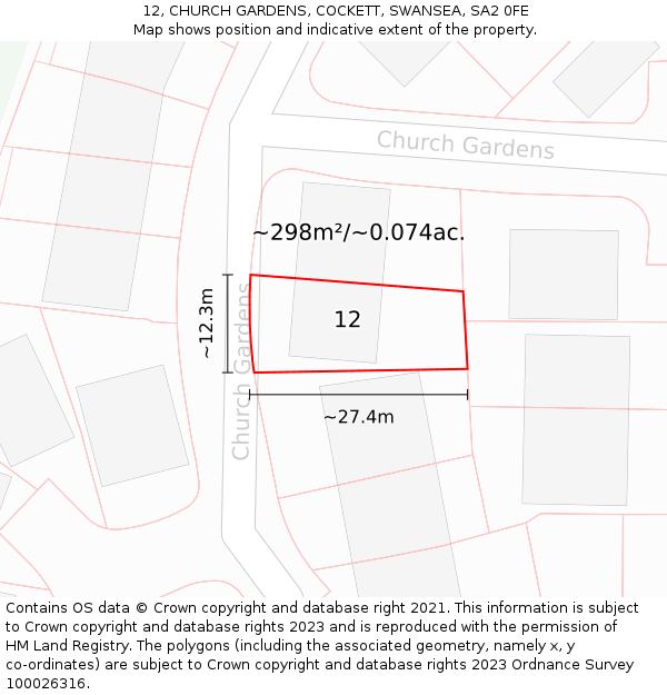 12, CHURCH GARDENS, COCKETT, SWANSEA, SA2 0FE: Plot and title map