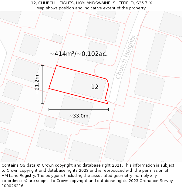 12, CHURCH HEIGHTS, HOYLANDSWAINE, SHEFFIELD, S36 7LX: Plot and title map