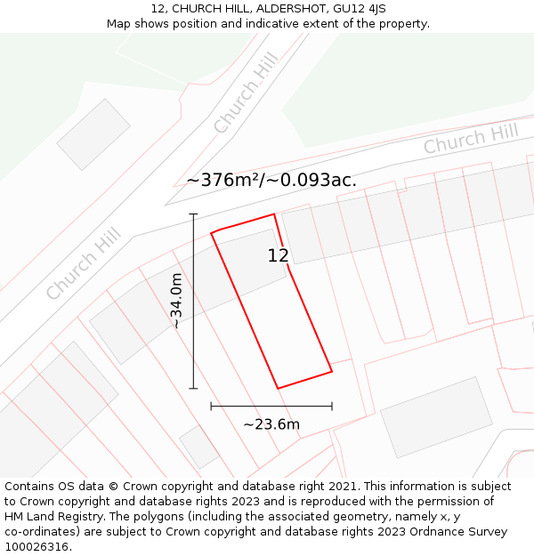 12, CHURCH HILL, ALDERSHOT, GU12 4JS: Plot and title map